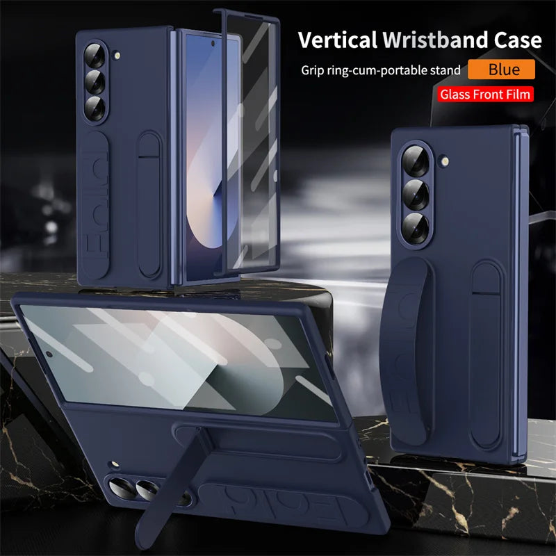 Wristband Foldable Stand Funda for Samsung Galaxy Z Fold 6 4 5 3 Fold5 5G Case Front Glass Lens Protection PC Plastic Cover Capa