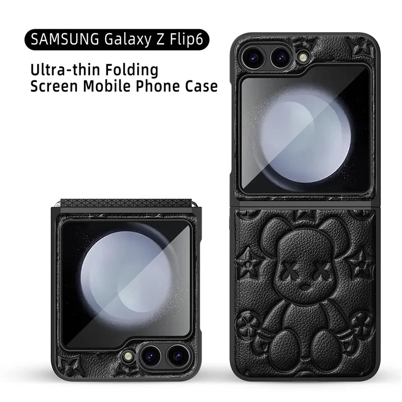 Cute Bear Folding Screen Phone Case For Samsung Z Flip 6 Folding Hinge Center Axis Case Film Integrated Phone Case