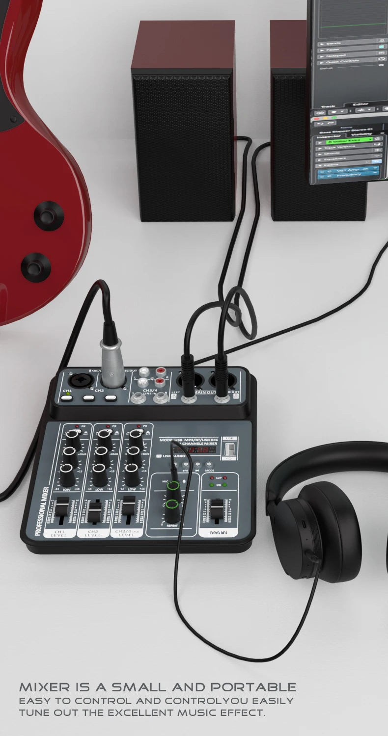 4 Channel Audio Recording Mixer With Bluetooth USB And 48V Phantom Power Light Grey