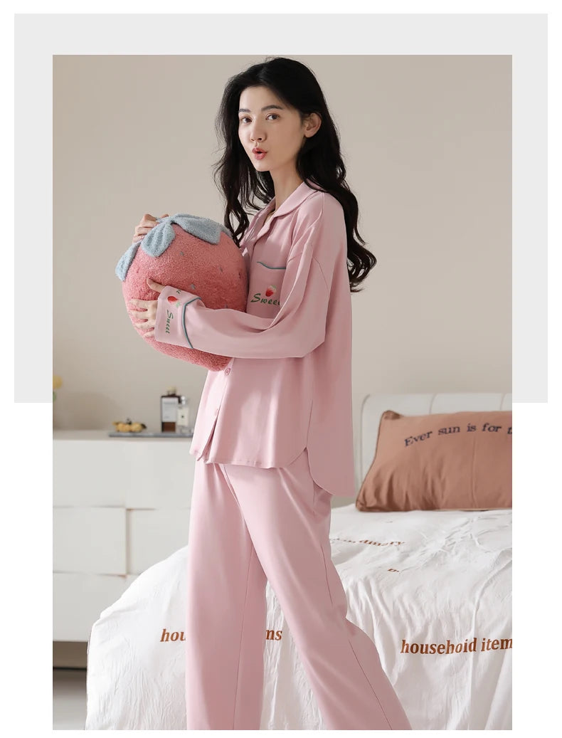 Women’s Winter 100% Cotton Pajama Set – Loose Fit, Turn-Down Collar, Long Sleeves, Cute Pink
