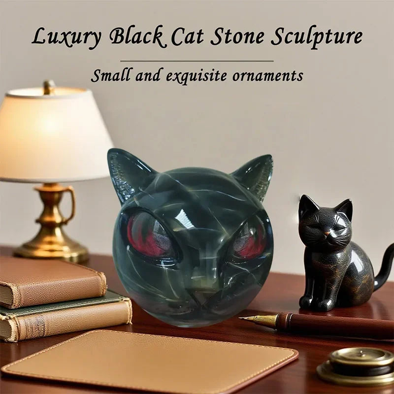 Black Cat Figurine Resin Cat Head Healing Stone Marble Texture Cat Stone Resin Cat Sculpture Ornament Cat Sculpture Craft