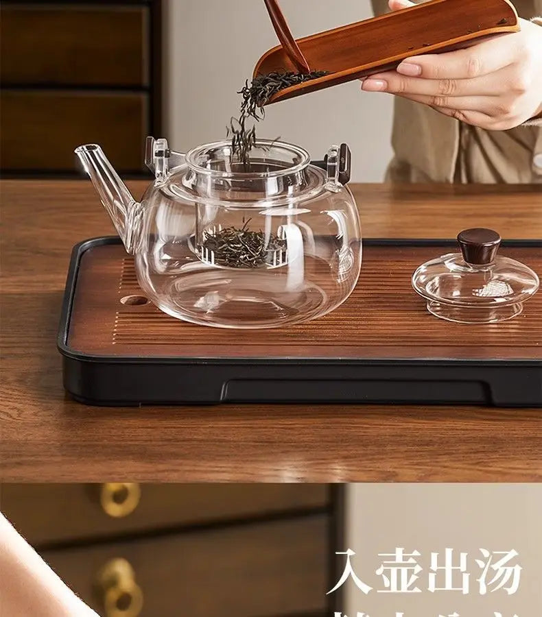 Heat Resistant Glass Tea Kettle with Filter Bamboo Handle Flower Tea Pot 1L