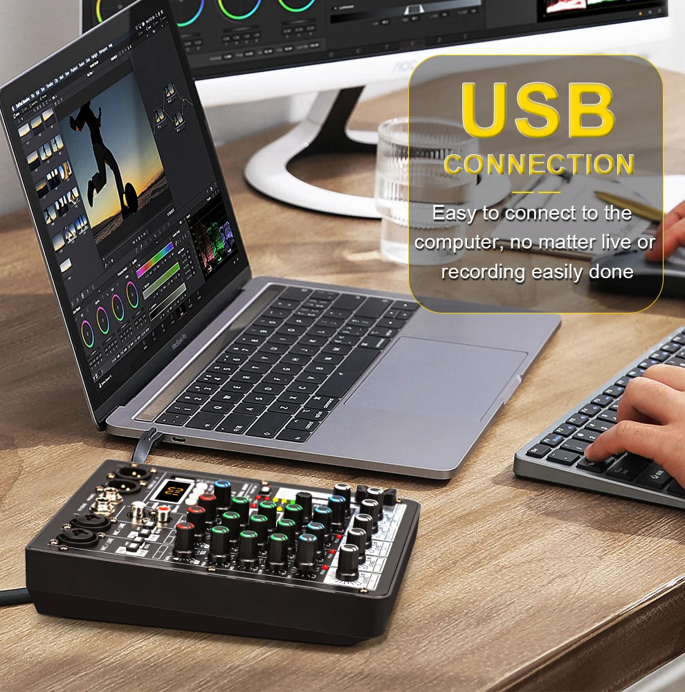4 Channel Audio Mixer With 99 DSP Effects Bluetooth USB And 48V Phantom Power
