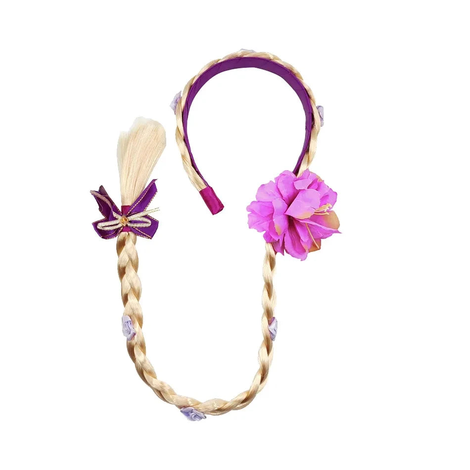 Princess Girls Flowers Headband Flower Fary Dress Up Weaving Long Braid Wig Headband Kids Halloween Rapunzel Cosplay Head Wear