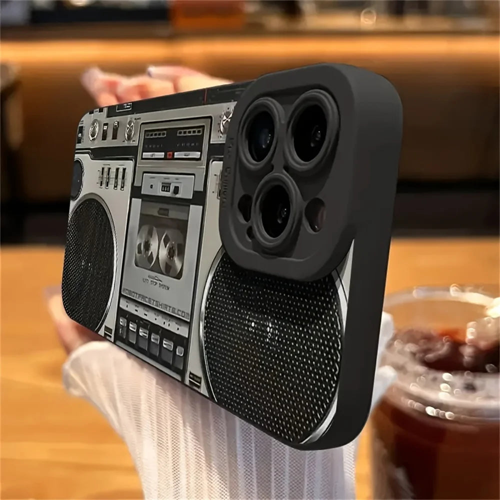 Creative Retro Millennial Loud Speaker Phone Case For iPhone 15 13 14 Pro Max Plus Music Rock N Roll Soft Cover