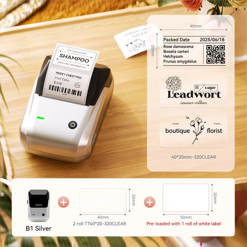 B1 Portable Label Printer, Bluetooth Wireless Mini Thermal Label Maker 20–50mm, Inkless Sticker Printer for Home & Business