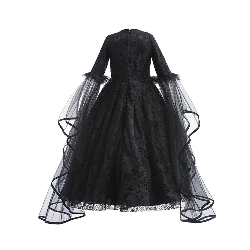 Halloween Witch Dress For Girls Black Evil Queen Cosplay Costume Luxury Lace Ruffles Floor Length Outfits Kids Carnival Frocks