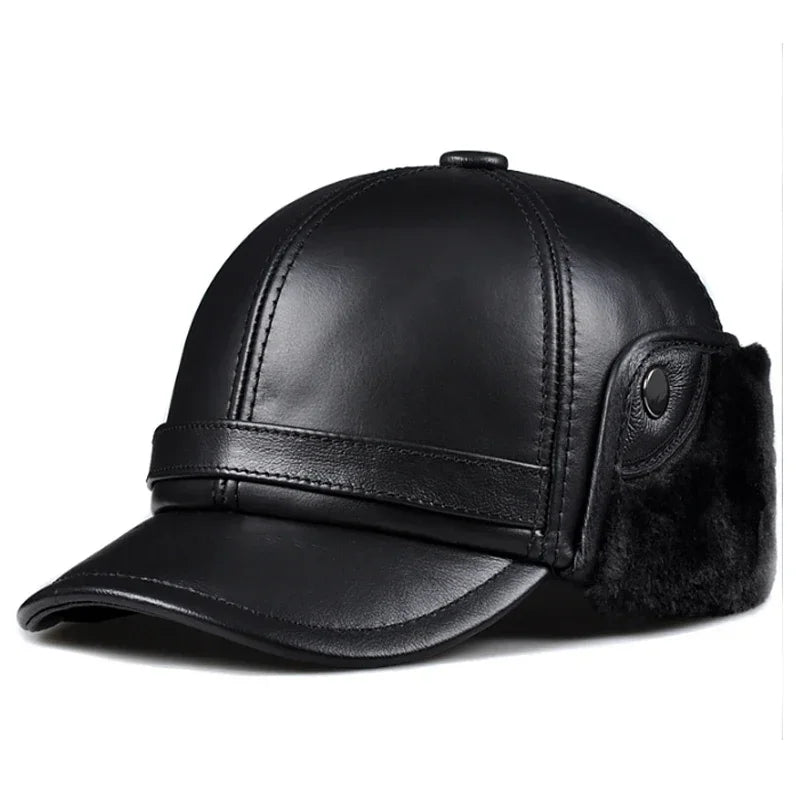 Winter Men's  Hat Thicken Leather Cowhide Baseball Caps With Ears Warm Snapback