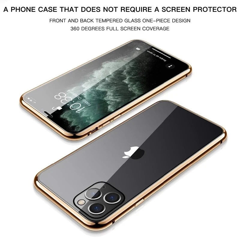 360°Full Protection Metal  Snap Lock Phone Case For iPhone 16 Pro Max 14 15 Pro Max Double-Sided Glass Bumper Case