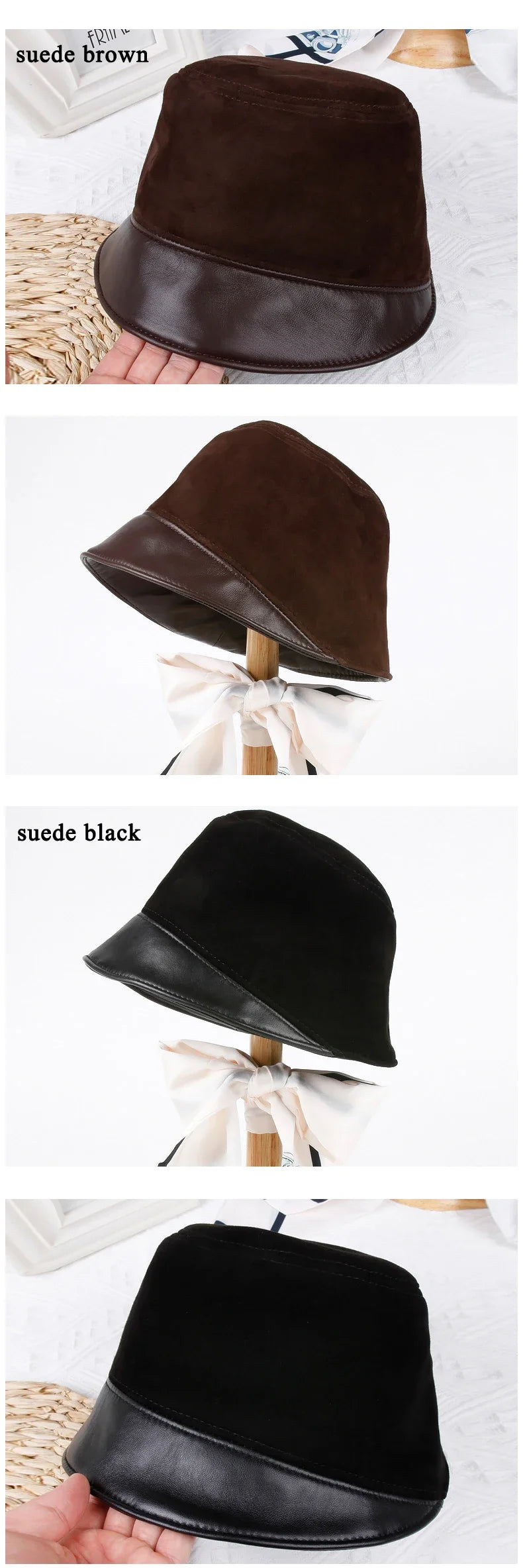 Japanese Harajuku Basin Hat Women Ladies Genuine Leather Suede Patchwork Fisherman Caps Fashion Winter Streetwear Chic Bonnet