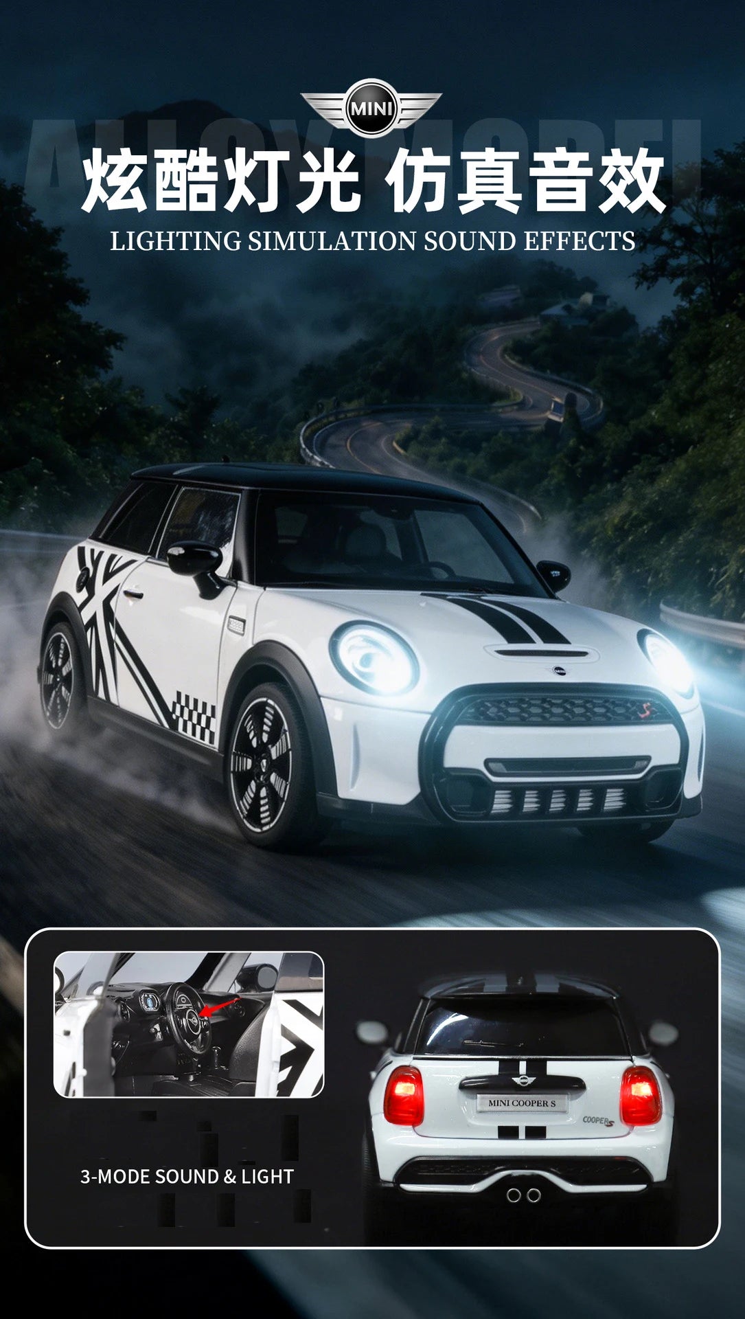 1 24 Scale Mini Cooper S Union Flag Diecast Pull Back Model Car with Sound and Light