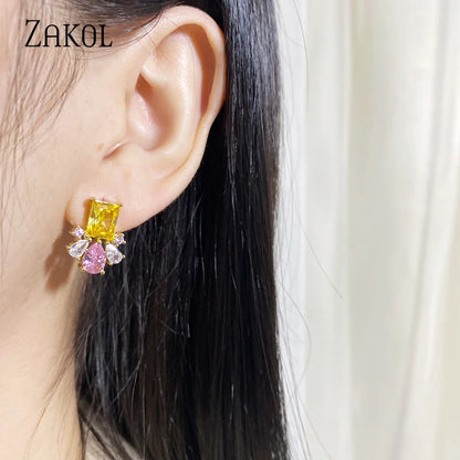 Yelllow Pink Zircon Flower Stud Earrings