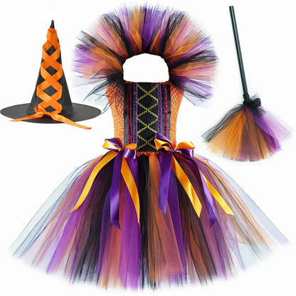 Halloween Witch Costume for Girls Fancy Tutu Dress Disguise Evil Witches Costumes Outfit Toddler Kids Purim Carnival Party Dress