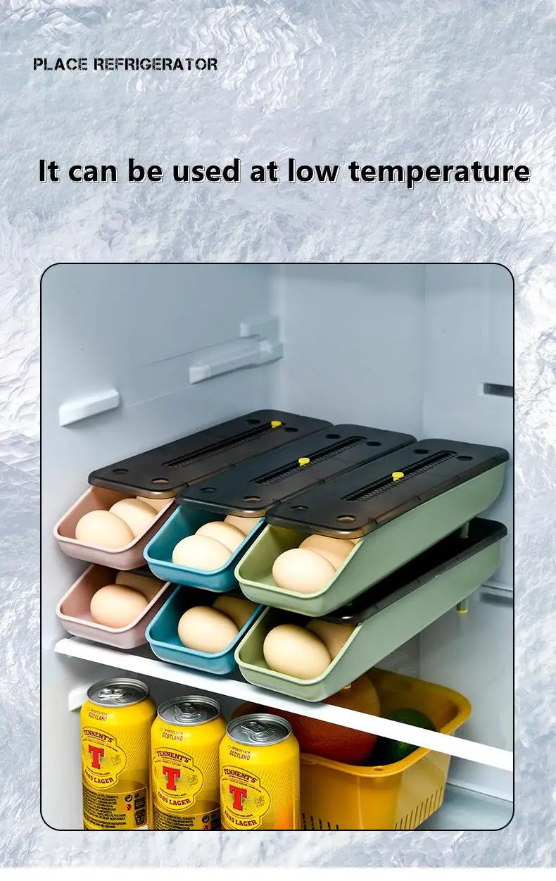 Automatic Rolling Egg Storage Box – Plastic Refrigerator Egg Holder Tray Kitchen Storage Container