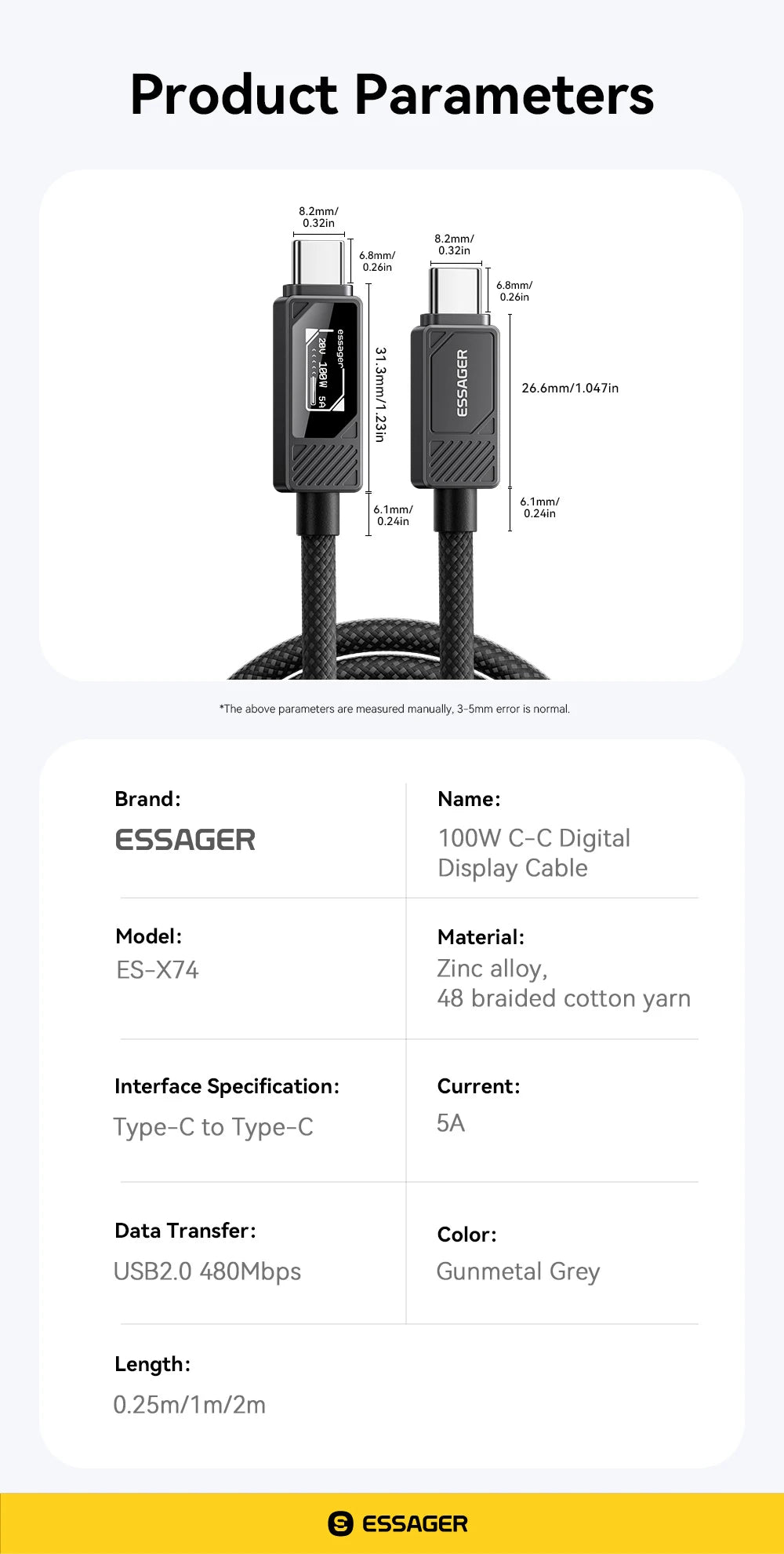 100W USB-C to USB-C Fast Charging Cable with LED Display