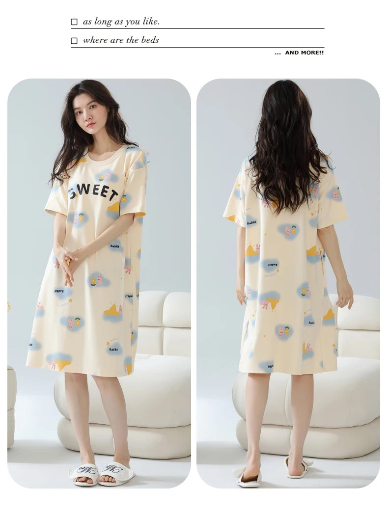 Women’s Cotton Nightgown – Korean Style Cute Print, Summer Short Sleeve Sleepwear Dress