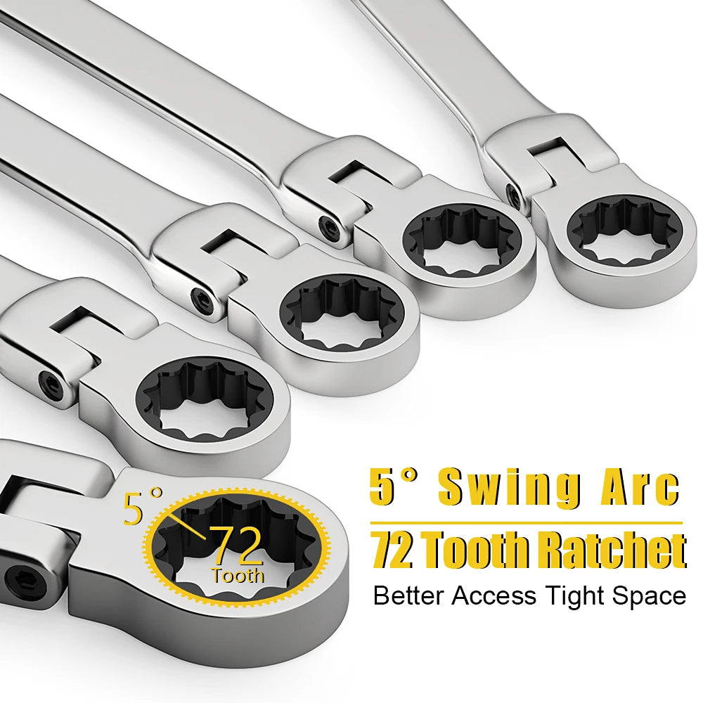 Metric Ratchet Spanner Wrench Set 8–22mm Flex Head 72-Tooth Gear Ring Combination Wrench Kit with Canvas Storage Bag