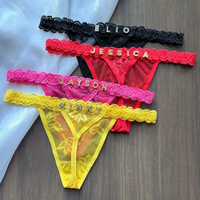 Personality Custom Name Crystal Letter Thong Lace Bikini Panties G-String Low Waist Briefs Body Jewelry