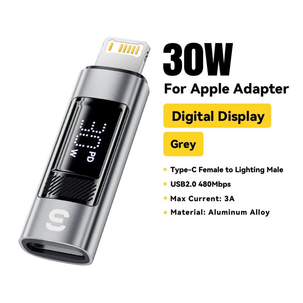 Type-C to Lightning OTG Adapter with Digital Display (PD 60W Fast Charging)