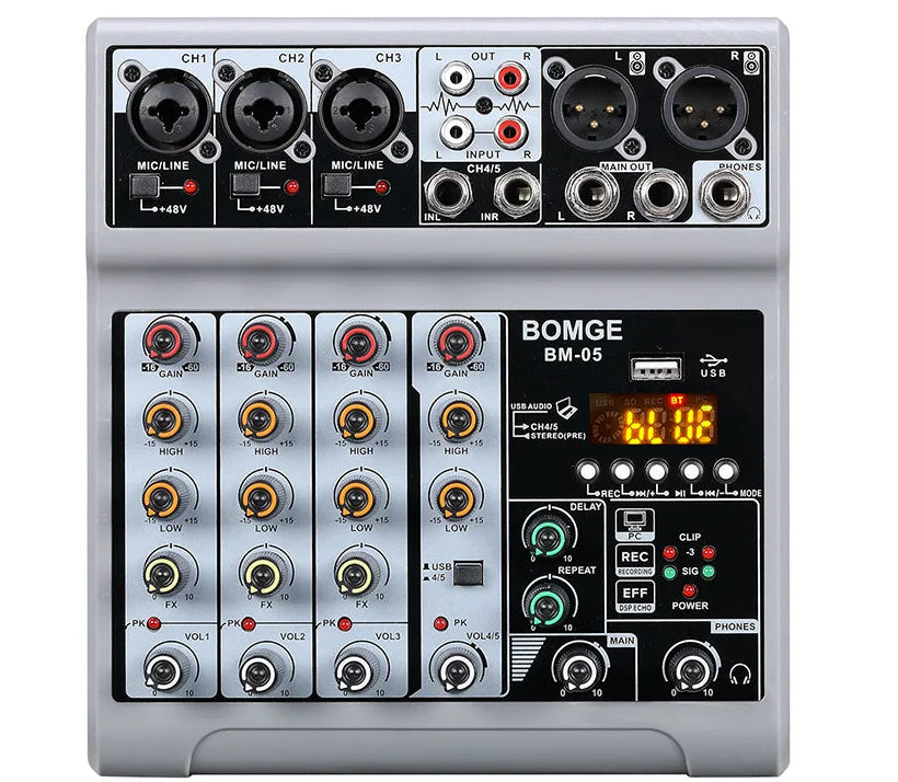 BM05 DJ Mixing Console with Bluetooth USB Audio Interface and 48V Phantom Power