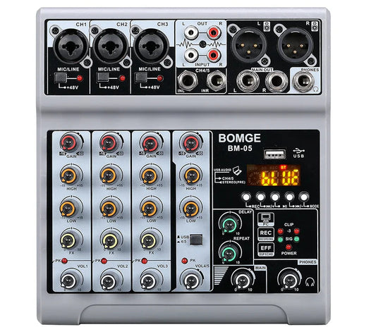 BM05 DJ Mixing Console with Bluetooth USB Audio Interface and 48V Phantom Power