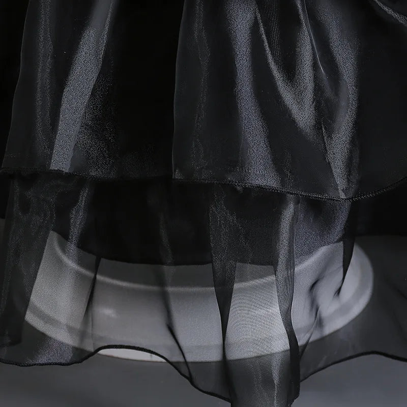 Girls Mesh Hollowed Out Cake Long Dress Cosplay American Drama Matching Ball Dress Black Kids Cospaly Dresses for Halloween