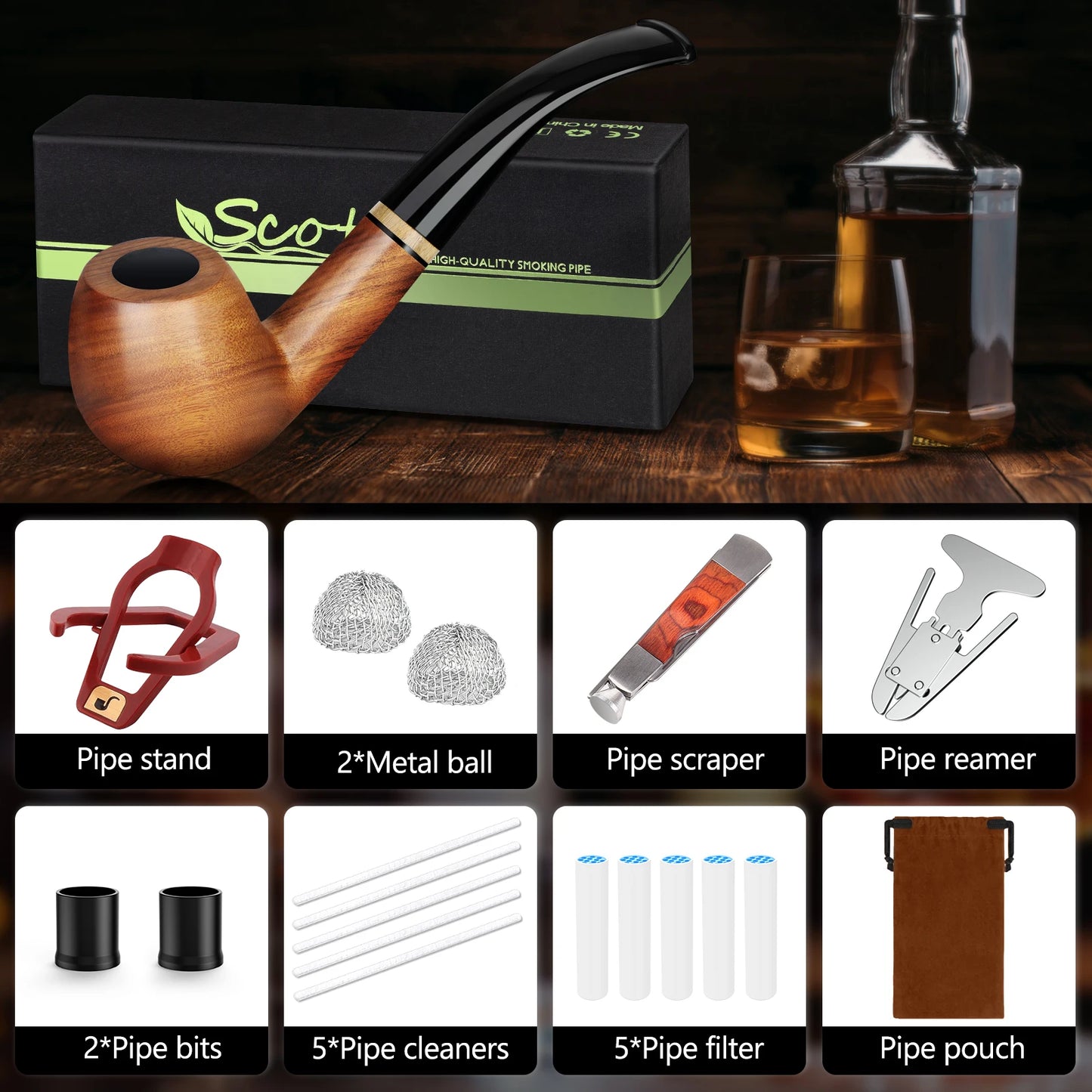 Tobacco Pipe Set Handmade Wooden Pipe with Accessories and Gift Box