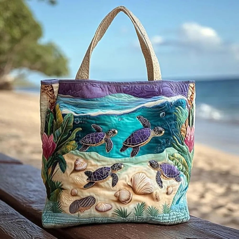 Turtle Print Quilted Canvas Tote Bag Large Capacity Shoulder Handbag
