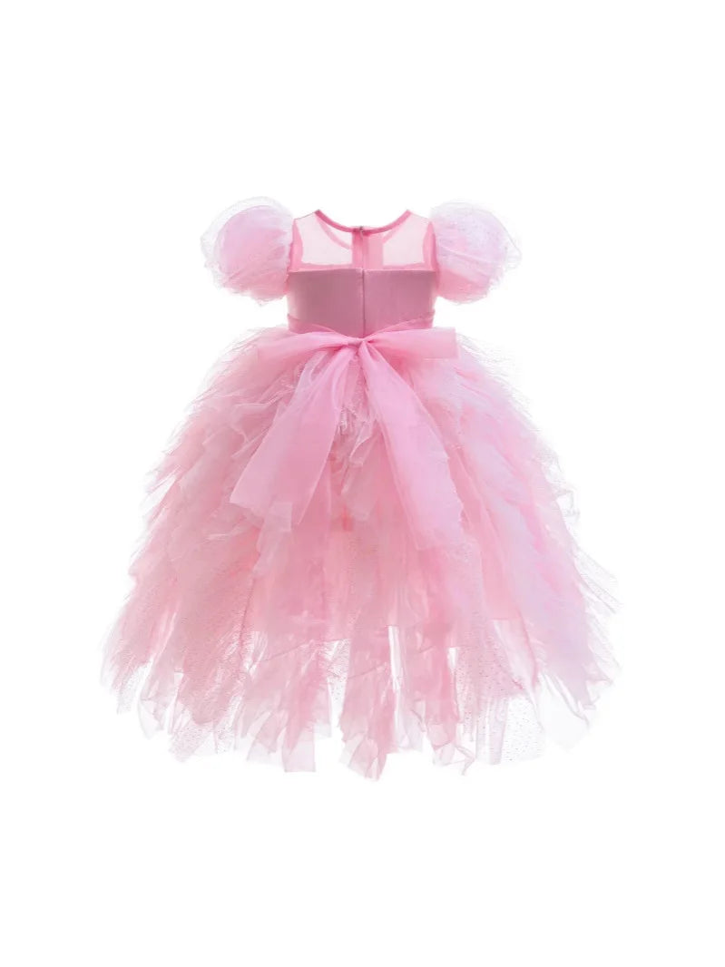Summer Dress Girls Sparkling Tulle Gown with Bubble Sleeves | Birthday & Children‘s Day Party Princess Costume