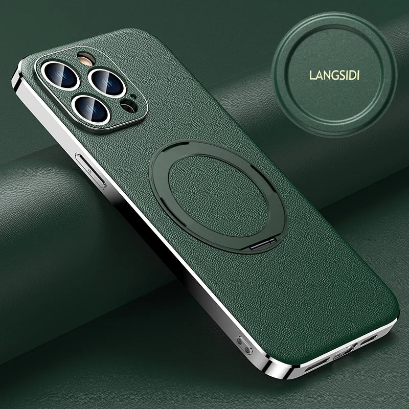 Leather for Magsafe Case for iPhone 16 15 14 Pro Max 16Pro Ring Luxury Lens Protection Holder Phone Back Cover