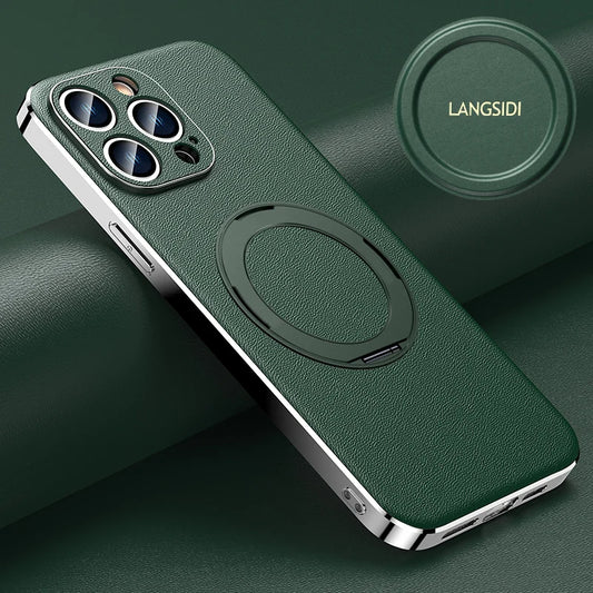Leather for Magsafe Case for iPhone 16 15 14 Pro Max 16Pro Ring Luxury Lens Protection Holder Phone Back Cover
