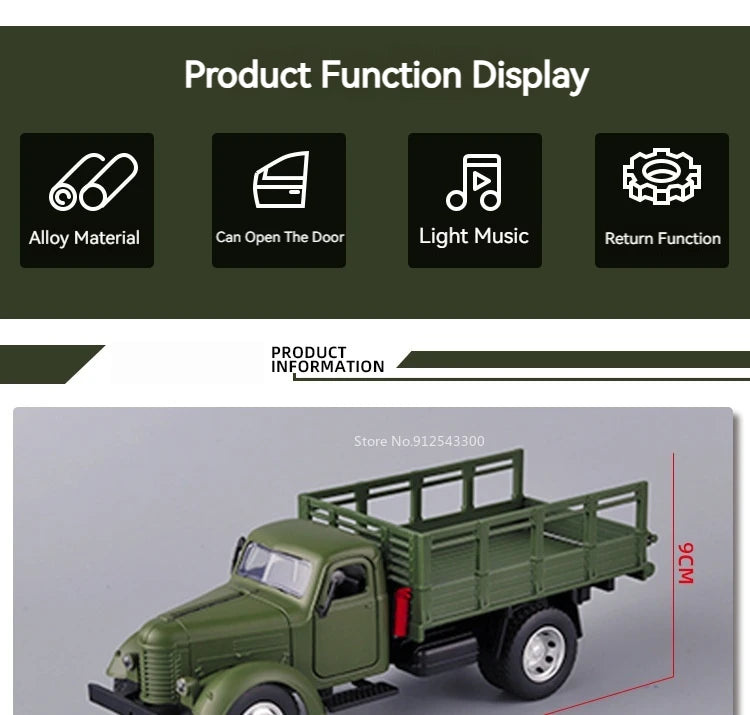 1:24 CA10 Vintage Truck Armored Car Model Toy Alloy Diecast Military Carrier Transport Vehicles Models Sound Light s Gifts