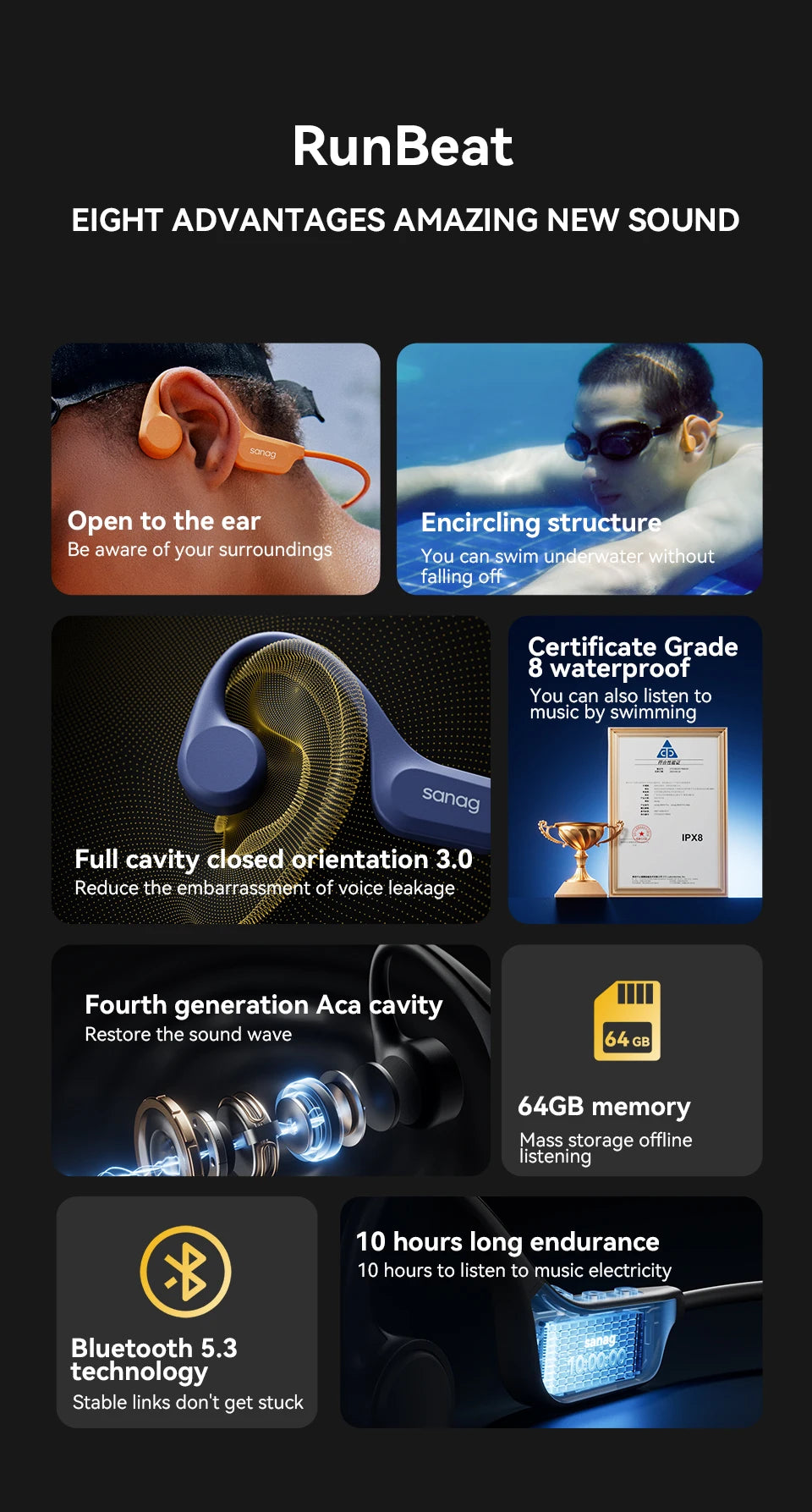 B60S Bone Conduction Earphones 64GB MP3 Wireless Open Headset IPX8 Swimming Waterproof Flash-sale Choice Headphones