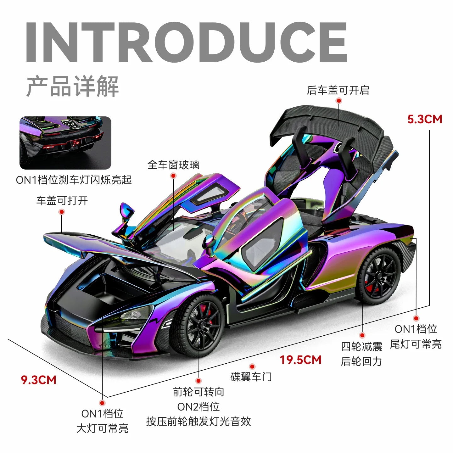 1 24 Scale Senna Supercar Diecast Pull Back Model Car with Sound and Light