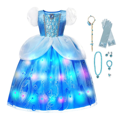 LED Light Up Girls Disney Cinderella Princess Cosplay Dress Kids Ball Gown Sequin Carnival Mesh Clothing for Birthday Christmas