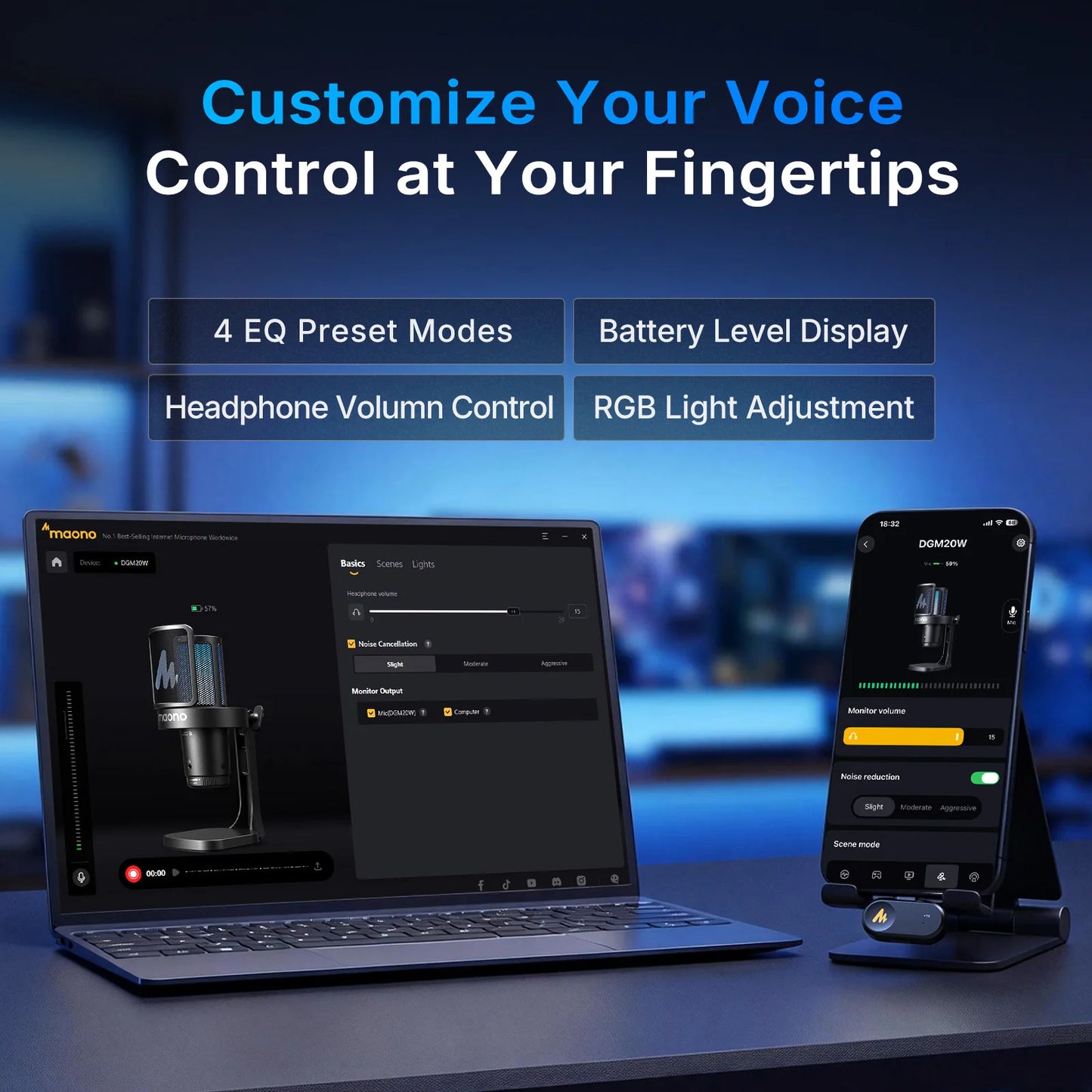 Wireless USB Gaming Microphone with AI Noise Reduction and RGB Lighting