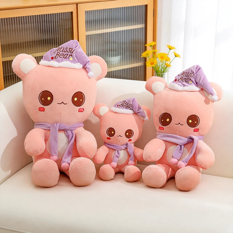 Cute Bear Plush Toy With Sleep Hat And Scarf Soft Pillow
