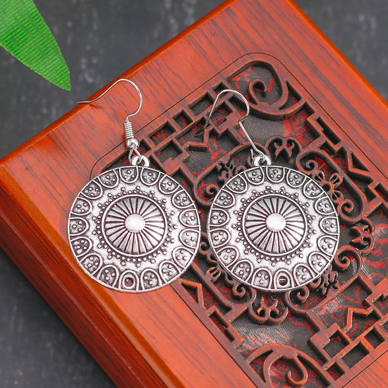 Statement Bohemian Vintage Ethnic Big Round Drop Earring Long Carved Flowers Drop Earrings For Women