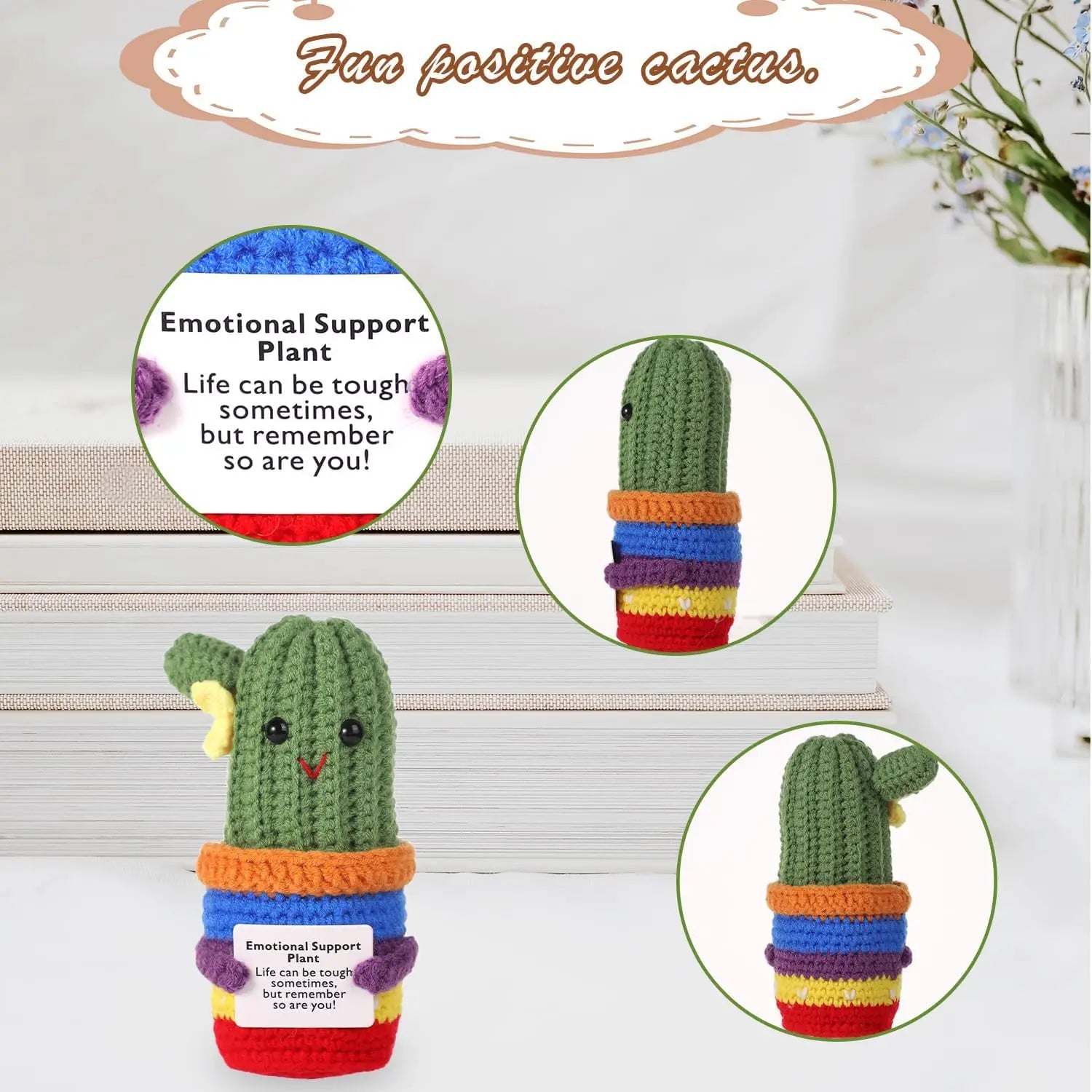 2 Pcs Funny Crochet Positive Energy Cactus Doll with Encouragement Card Handmade Wool Knitted Emotional Support Plant Ornament Gifts