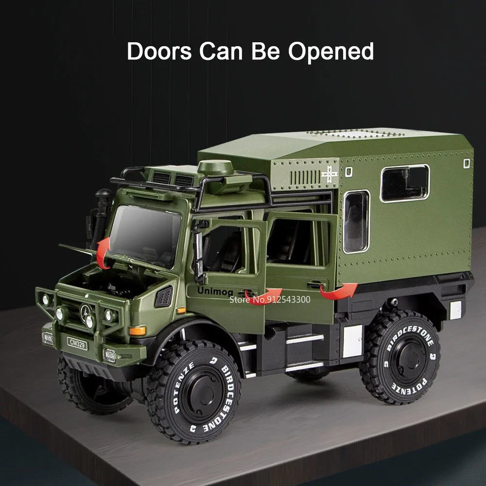 1:28 Scale X-Class 6x6 UNIMOG Motorhome Camping Car Model Toy Shock Absorption Sound Light Pull Back Off-road Vehicles Boys Gift