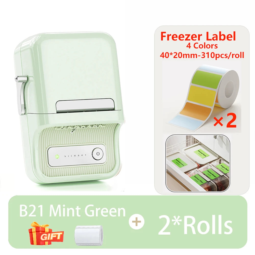 B21 Kitchen Label Printer, Bluetooth Wireless Thermal Label Maker 20–50mm, Inkless Freezer Sticker Printer for Home & Food Storage