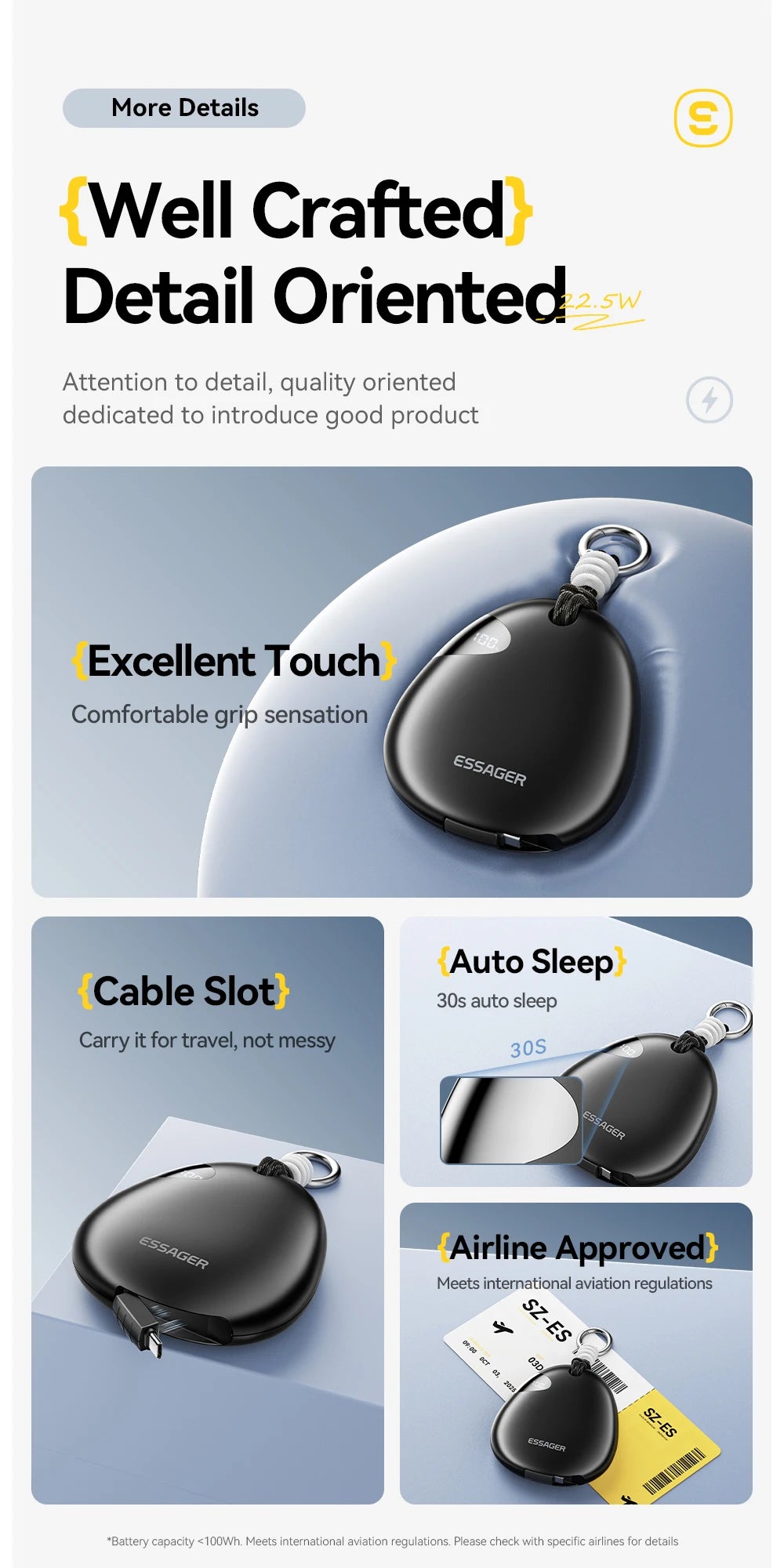10000mAh Power Bank 22.5W Fast Charging Retractable Cable Wireless Charging with Digital Display & SOS Light