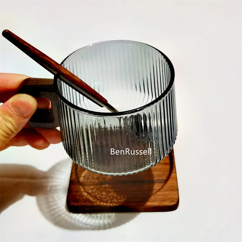 300ml Heat-resistant Stripe American Latte Glass Coffee Mug With Wooden Tray Spoon Milk Tea Cup Fresh Ground Coffee Cup