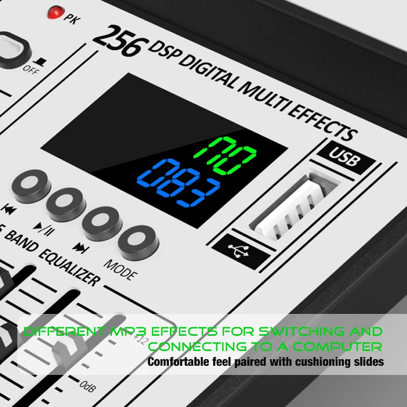Professional 4-Channel 256DSP Audio Mixer 48V Phantom Power USB Studio Karaoke Bluetooth DJ Console Mixer