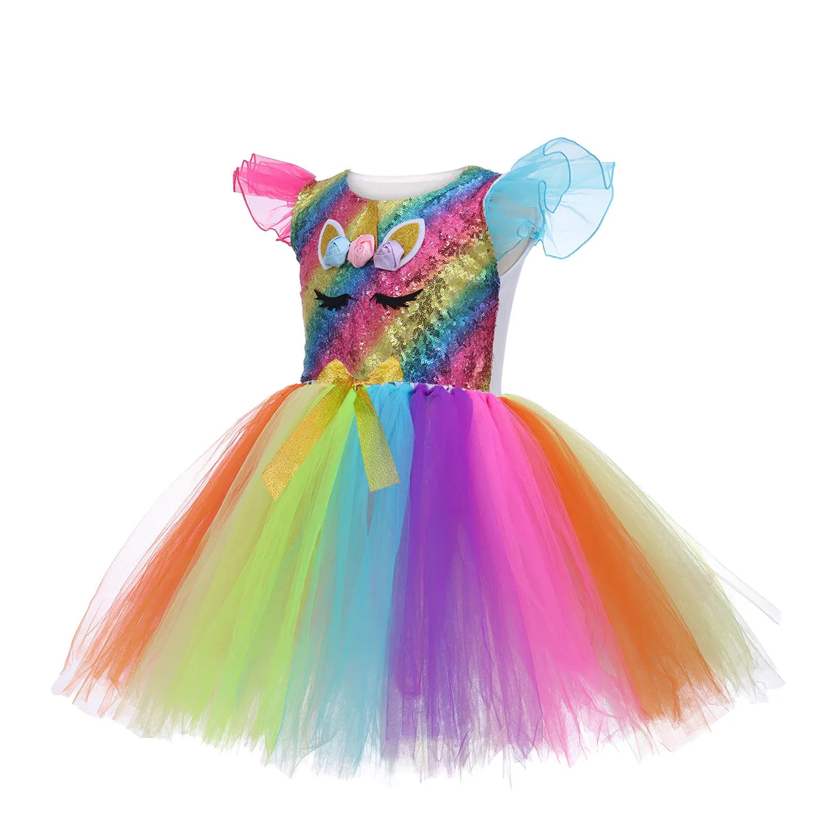 Unicorn Princess Tutu Dress with Flutter Sleeves and Sequin Tulle
