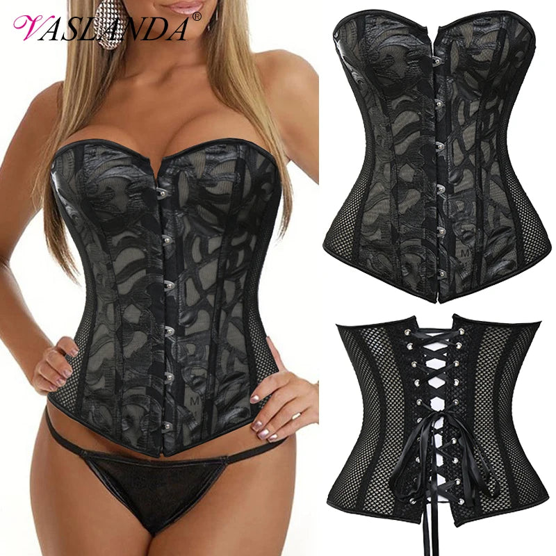 Women's Breathable Shapewear Costumes Transparent Mesh Corselet Hollow Out Corset Bustier Top With G String Black