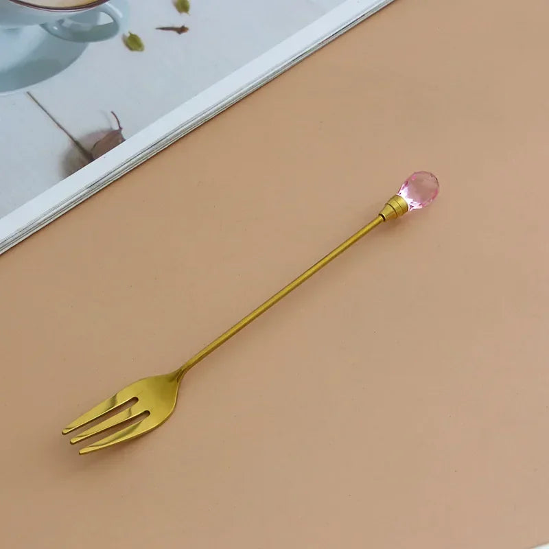 Stainless Steel Diamond Coffee Spoon and Fork Set Creative Crystal Long Handle, Perfect for Desserts, Ice Cream, Cake, and Fruit