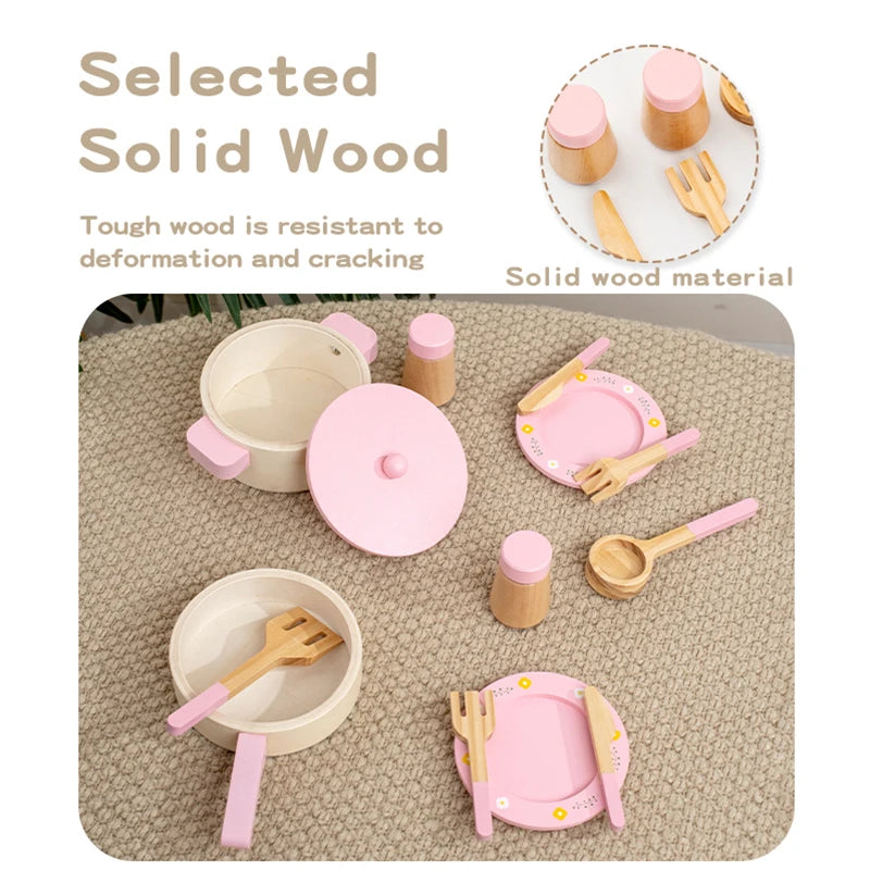 Wooden Pretend Play Kitchen Set with Pots Pans and Utensils