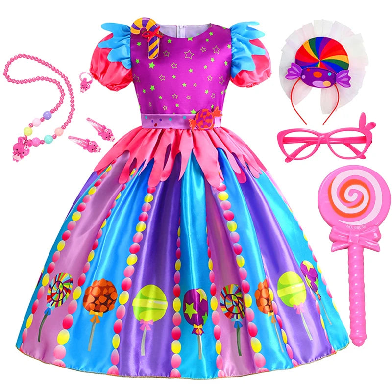 Girls Purim Festival Lollipop Costume Children Puff Sleeve Candy Costume Kids Sweet Lollipop Print Birthday Party Dresses