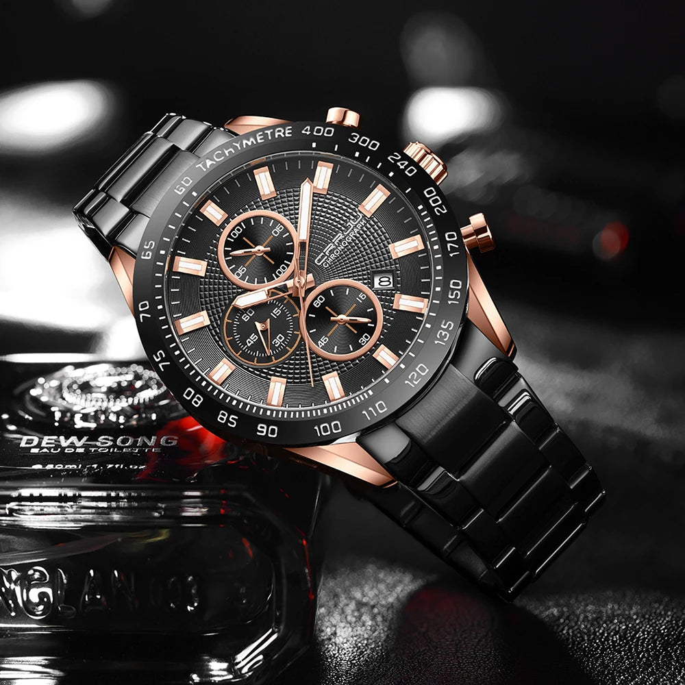 Men Watch Fashion Sports Chronograph Wristwatches Stainless Steel Strap with Auto Date